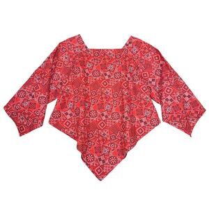 Vintage 70s Handmade Boho Bandana Print Blouse Red Handkerchief Hem Western Top